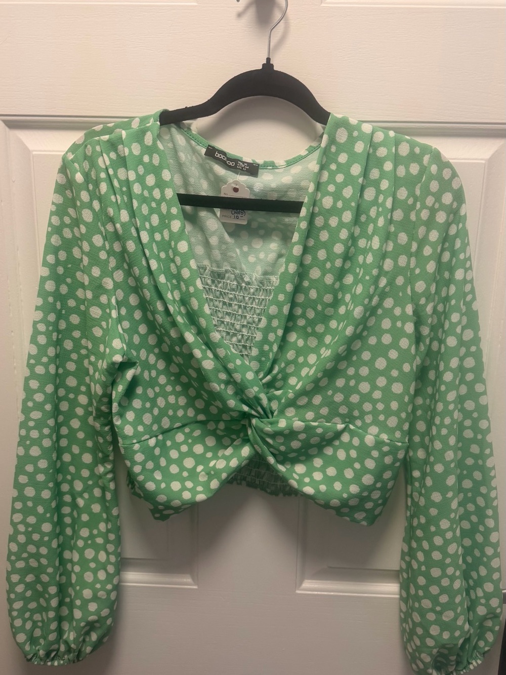 Boohoo Mint Green White Polka Dot Twist-Front Crop Top